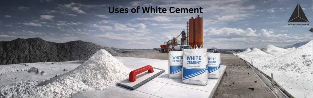 White cement powder and bags displayed on tiled surface with industrial cement plant in background.