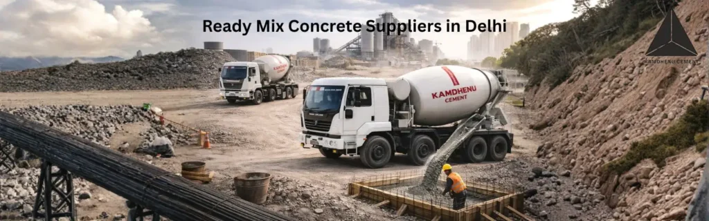 Kamdhenu ready mix concrete truck at Delhi construction site.