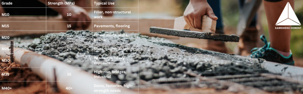 Types of concrete mix with M20, M25, M30 and M40 mix design ratios illustrated