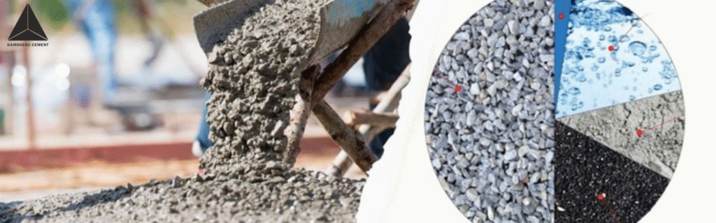 Concrete mix design process with cement, sand, and aggregates by Kamdhenu Cement