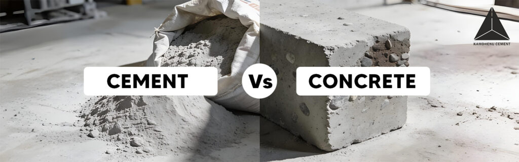 Difference between cement and concrete showing cement powder vs solid concrete block