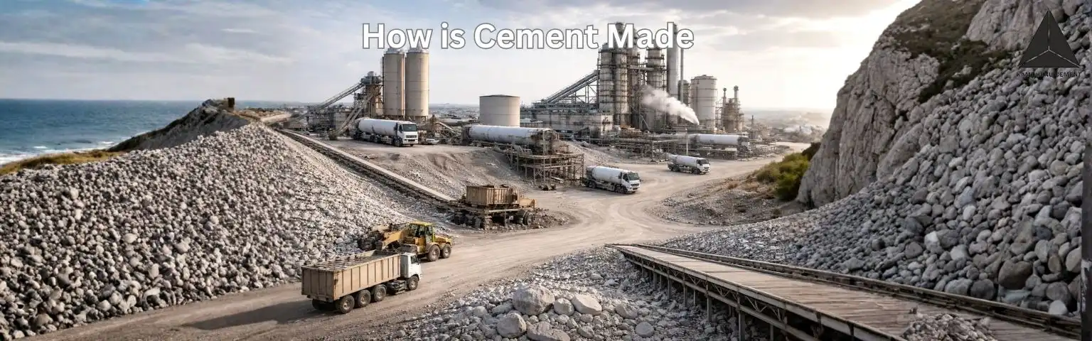 How is cement made at a modern cement manufacturing plant with quarry and trucks