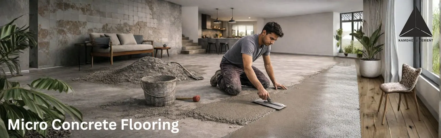 Worker applying micro concrete flooring in a modern living room