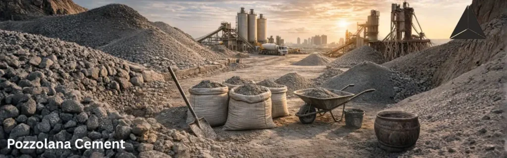 Pozzolana Cement at construction site with cement bags and raw materials.