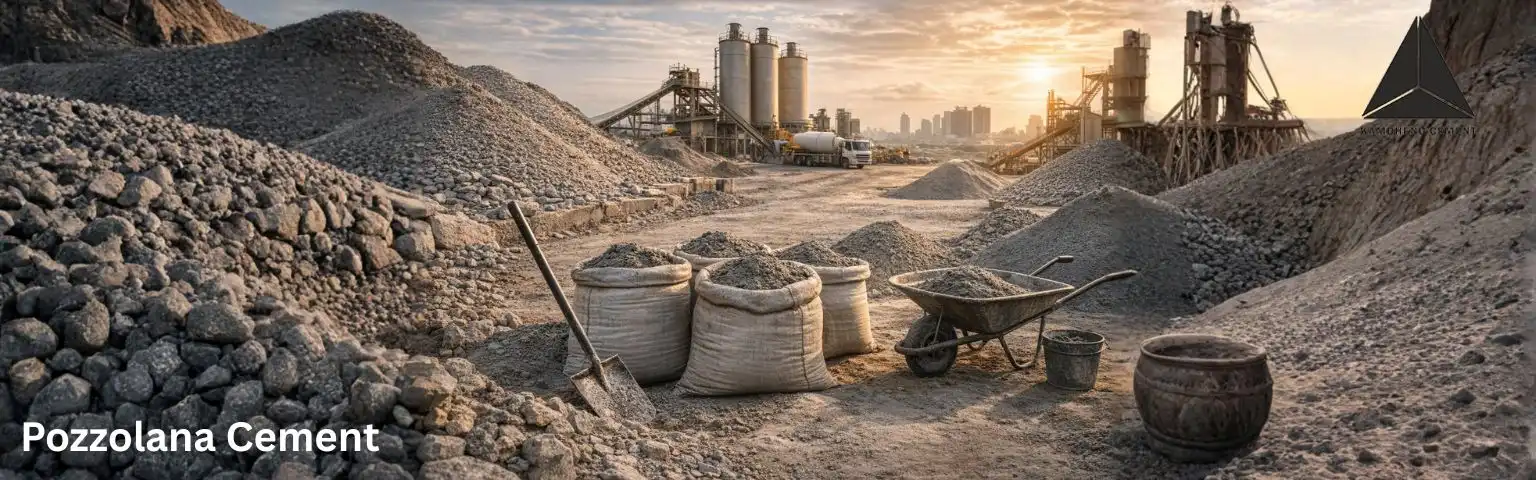 Pozzolana Cement at construction site with cement bags and raw materials.