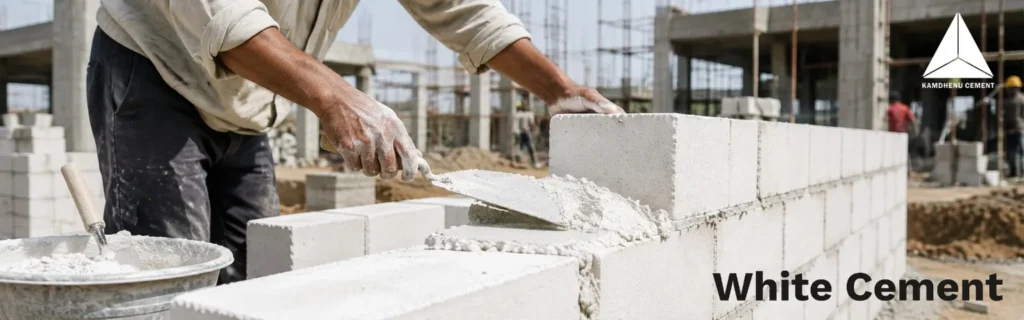 White cement masonry work at construction site